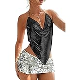 SHENHE Women's Sequin Halter Tops Rhinestone Open Back Cowl Neck Chain Sexy Clubwear Tops