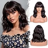 SweeceHair Dark Brown Bob Wig With Bangs Wave Wigs for Women 14 Inch Short Loose Wavy Heat Resistant Synthetic Wig Shoulder Length Hair for Daily and Cospaly Party Use