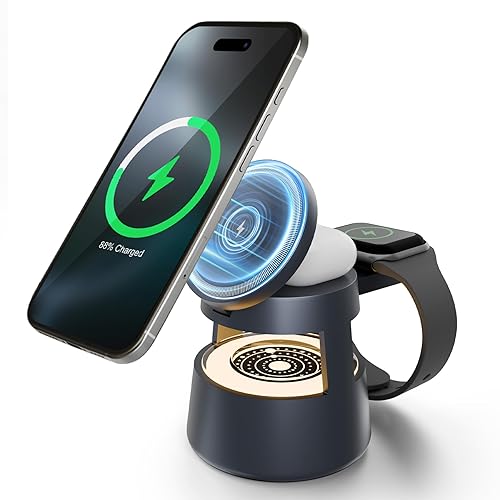 GETPALS 4-in-1 Wireless Charging Station: 15W Magnetic Fast Charger Stand for iPhone 16-12 Pro Max & Apple Watch Ultra Series & AirPods with Mushroom Light - Ideal for Nightstand & Bedside & Travel