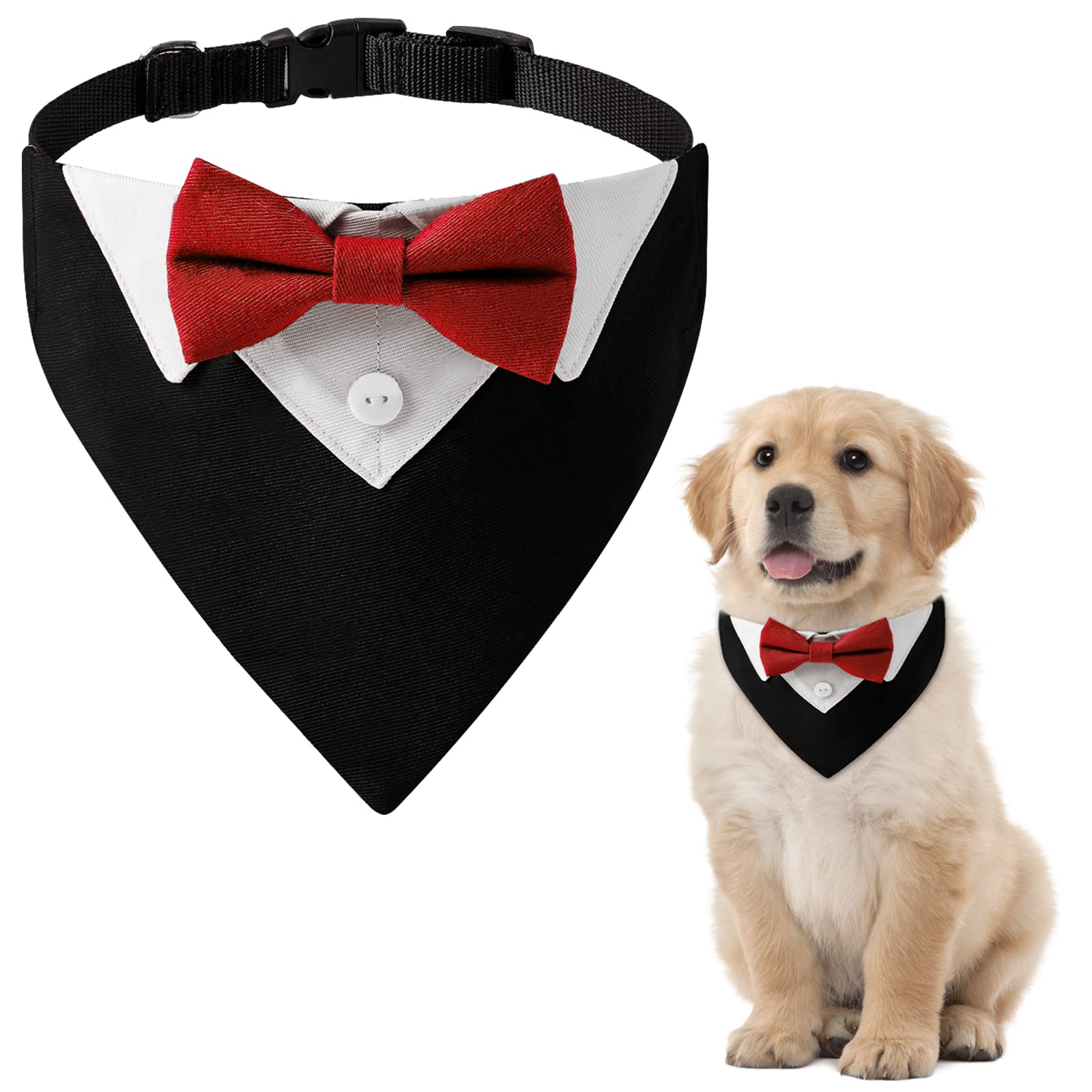 HACRAHO Formal Dog Tuxedo Bandana, 1 PCS Red Dog Tuxedo Cotton Bandana Dog Wedding Collar with Bow Tie and Neck Tie for Dogs and Cats, L