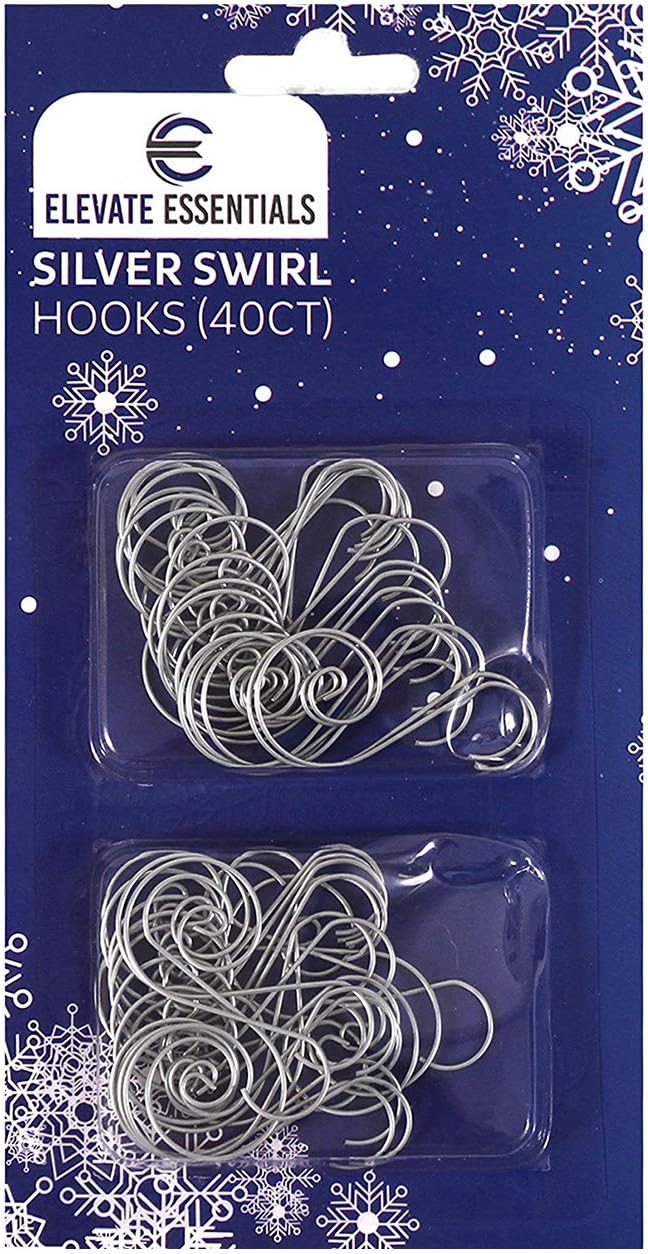 Ornament Hooks - Elevate Essentials Swirl Hooks - Silver Decorative Ornament Hangers, Metal Wire Hanging Hooks, 40 ct