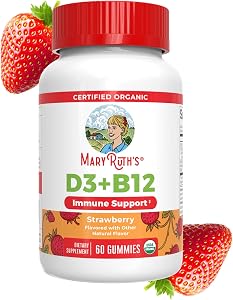 MARYRUTH'S Organic Vitamin D3 + B12 Gummies for Ages 4+, 60 Servings, Vegan | Bone Health, Immune Support, Energy Metabolism,