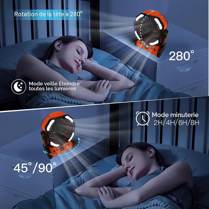 20000 mAh Ventilateur de Camping USB avec Lumière LED, Ventilateur de Bureau Tente Rechargeable Vitesse variable en continu, Télécommande et Crochet, Rotation 270°, pour Pêche Camping Extérieur