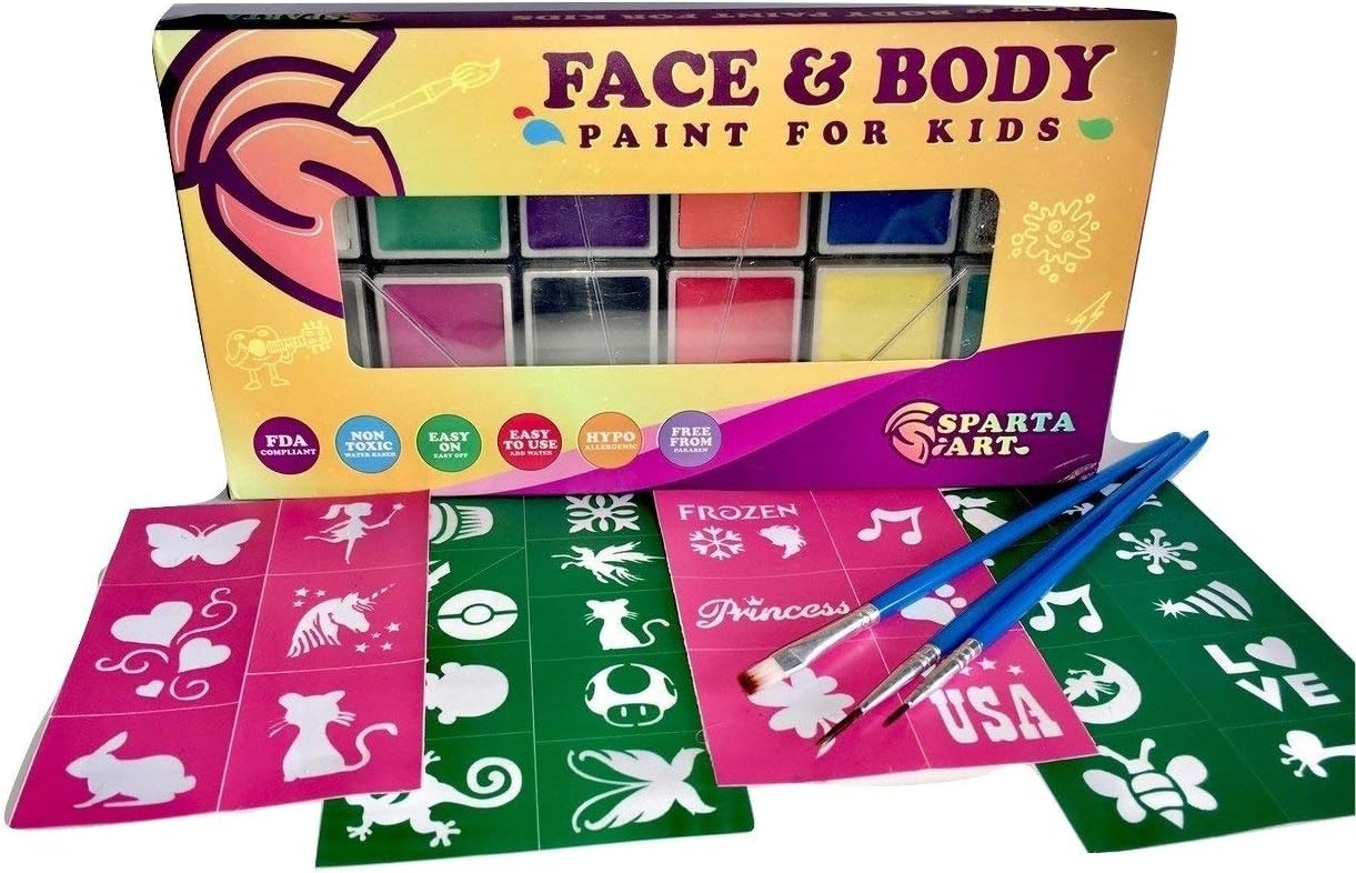 Professional Face Paint Kit for Kids | 12 X-Large Vibrant Color Palette | Face Painting and Body Painting Set: Sturdy case & Stencils