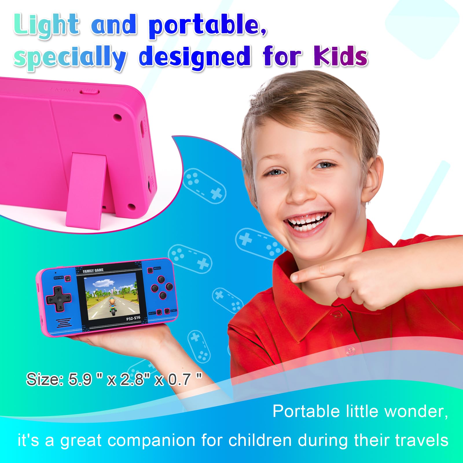 Handheld Game for Kids ，Built-in 220 32-bit Video Games, 3.0” IPS Screen, Rechargeable Portable Game , Travel Mini Arcade Electronic Toys Gift for Boys and Girls (Pink+Blue)
