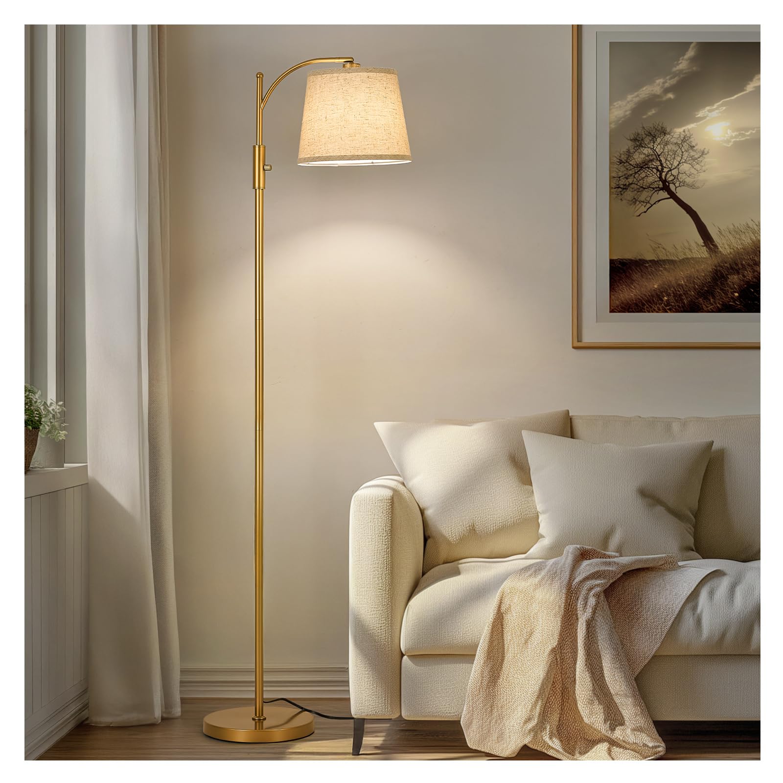 Photo 1 of AIDENOEY Fully Dimmable Floor Lamp for Living Room?Standing Lamp Rotary Switch with Linen Beige Shade?Golden Tall Lamps for Bedroom with Adjust Head?9W LED Bulb Included