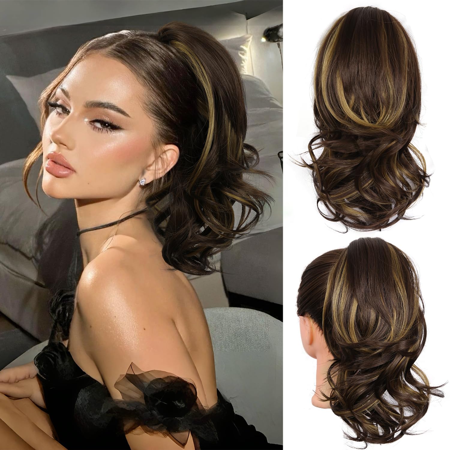 Photo 1 of 14 Inch Ponytail Extension - Soft Wavy Pony Tails Hair Extensions, Claw Clip Ponytail Extension, Synthetic Hair Extensions Ponytail, Clip in Ponytail (Color: Brown with Blonde Highlights)