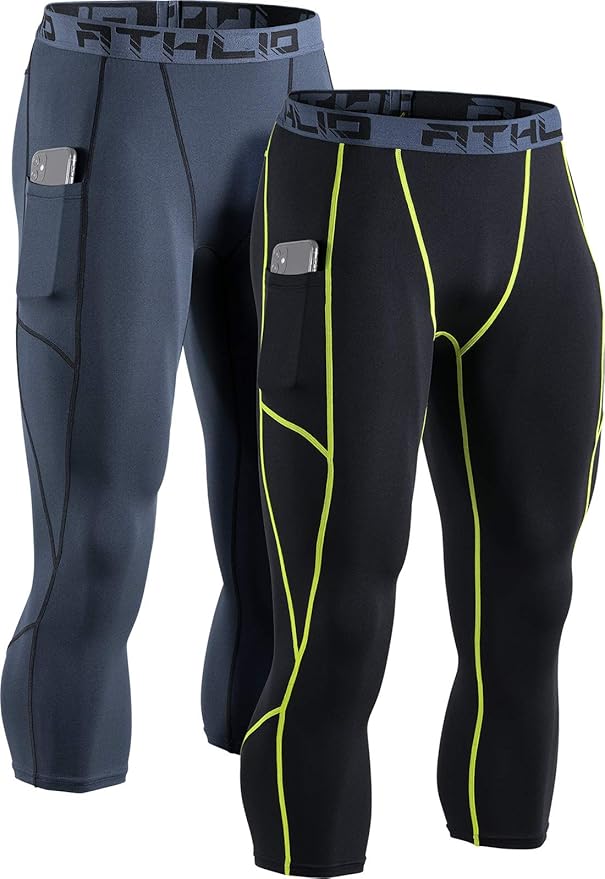 ATHLIO 1 or 2 Pack Men's 3/4 Compression Pants, Cool Dry Capri Athletic