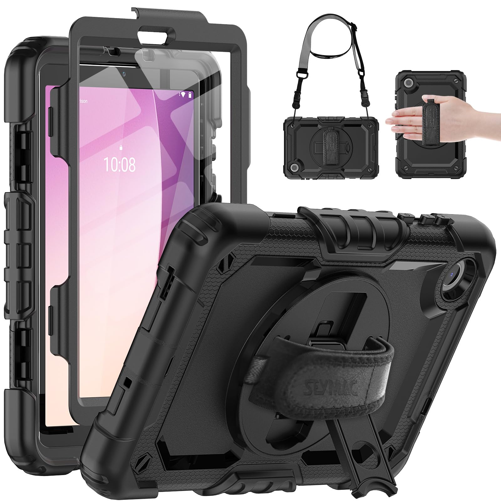 SEYMAC Case for Lenovo Tab M8 4th Gen, with Screen Protector, Hand Strap, 360°Rotating Stand, Shoulder Strap, Black