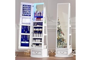 SKKTKT Mirror Jewelry Cabinet Standing, 360°Swivel Jewelry Armoire with Full Length Mirror, Mirror with Jewelry Storage and Large Wooden Drawer for Christmas Gifts (White)