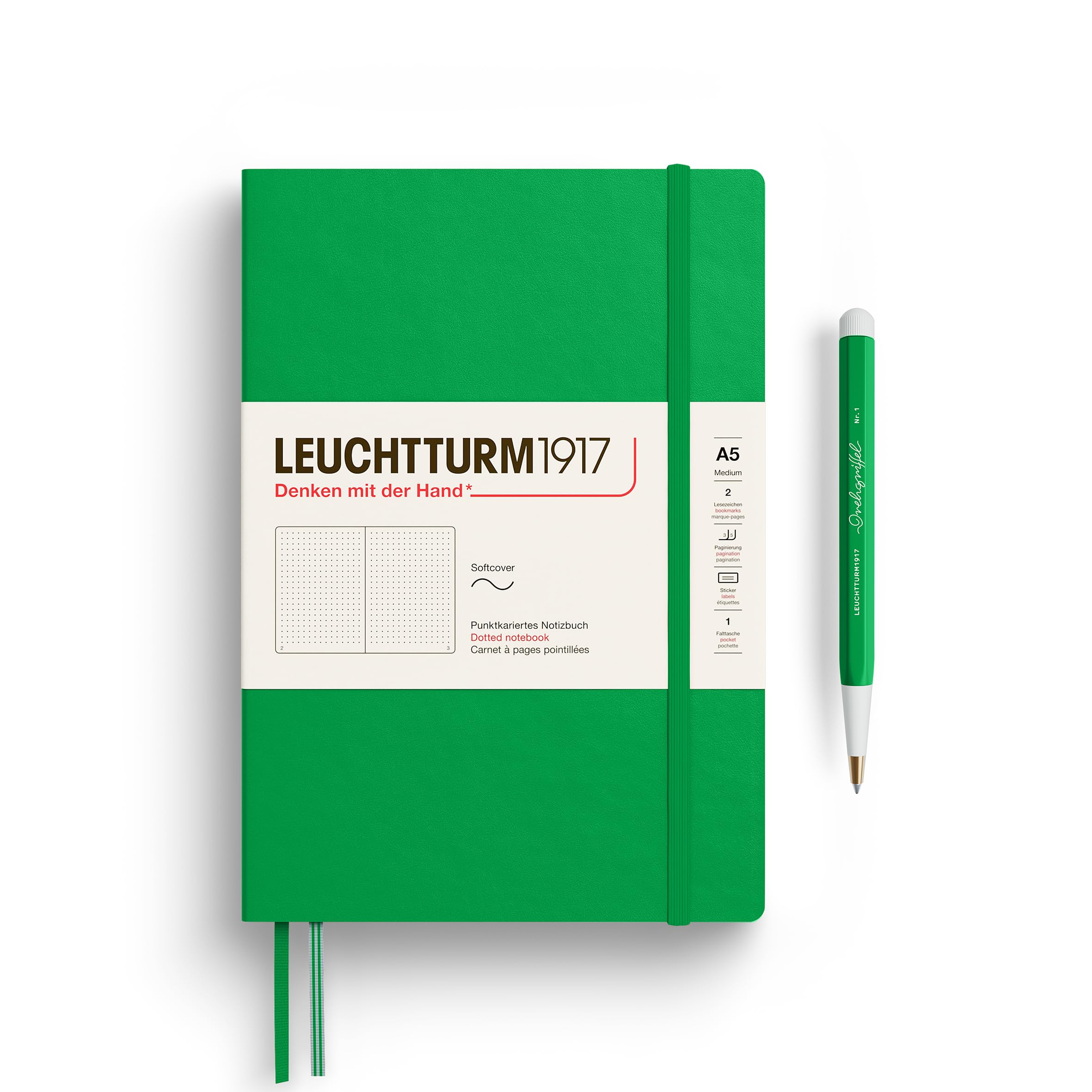 LEUCHTTURM1917 372208 Notebook Medium (A5), Softcover, 123 numbered pages, Spring Leaf, Dotted