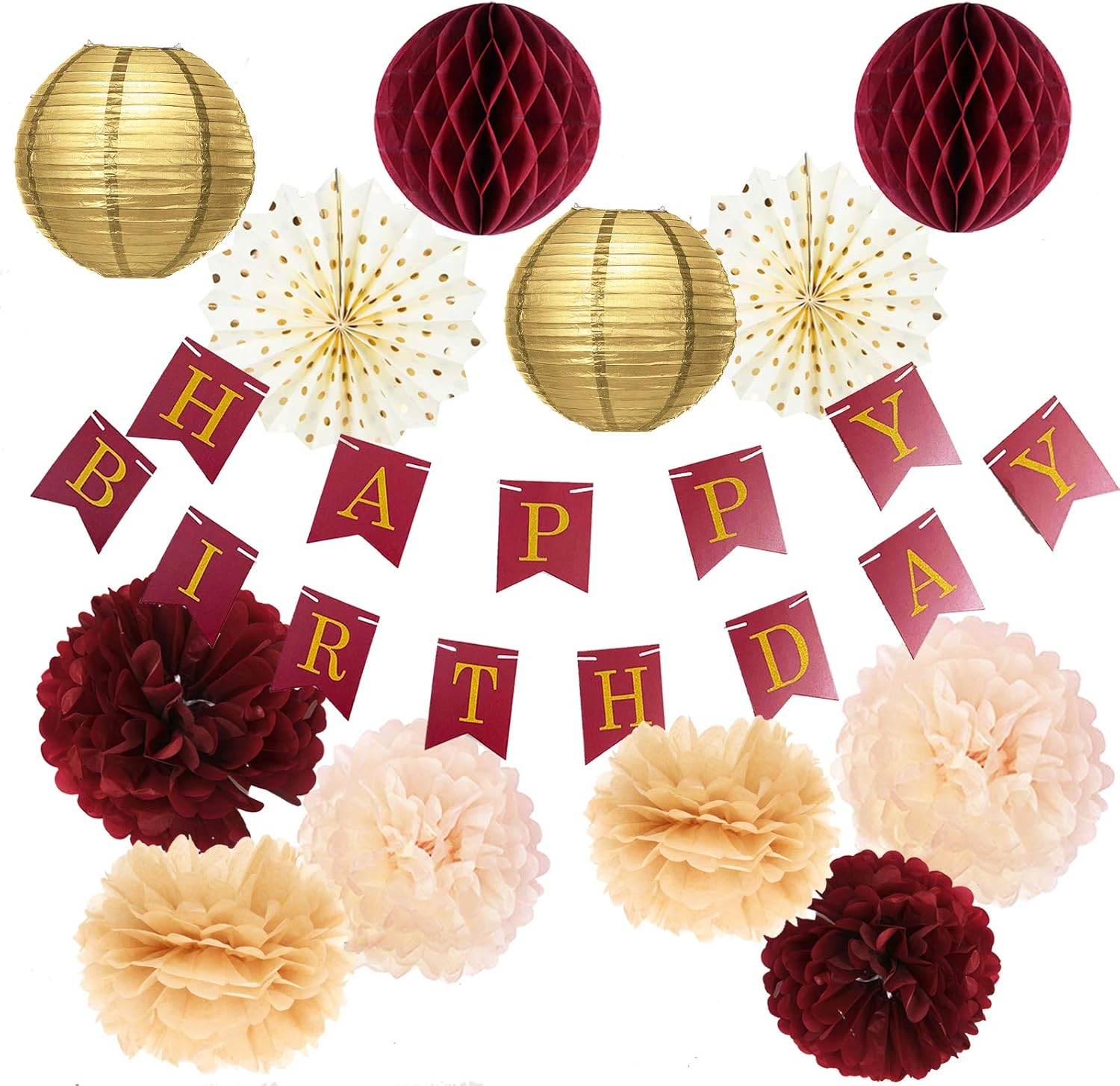 Burgundy Gold Birthday Party Decorations for Women Burgundy Gold HAPPY BIRTHDAY Banner Tssue Pom Pom Polka Dot Fans for Fall Burgundy Birthday Party Supplies/30th/40th/50th Birthday Decorations Autumn: Health & Personal Care