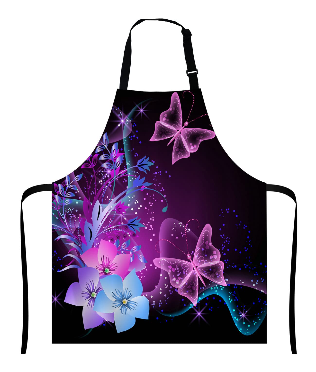 Wasach Purple Apron, Pink Purple Butterfly and Flowers Unisex Kitchen Bib with Adjustable Neck for Cooking Gardening,Adult Size