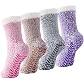 yafeite Fuzzy Socks for Women with Grippers - Slipper Socks Grippy, Cozy Non-Slip Socks for Women, Warm Winter Comfy Fluffy Sleep House Sock s 4 Pairs