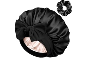 YANIBEST Double Layer Satin Silk Bonnet for Sleeping Hair Bonnet with Elastic Tie Band for Curly Hair Wig Caps Black