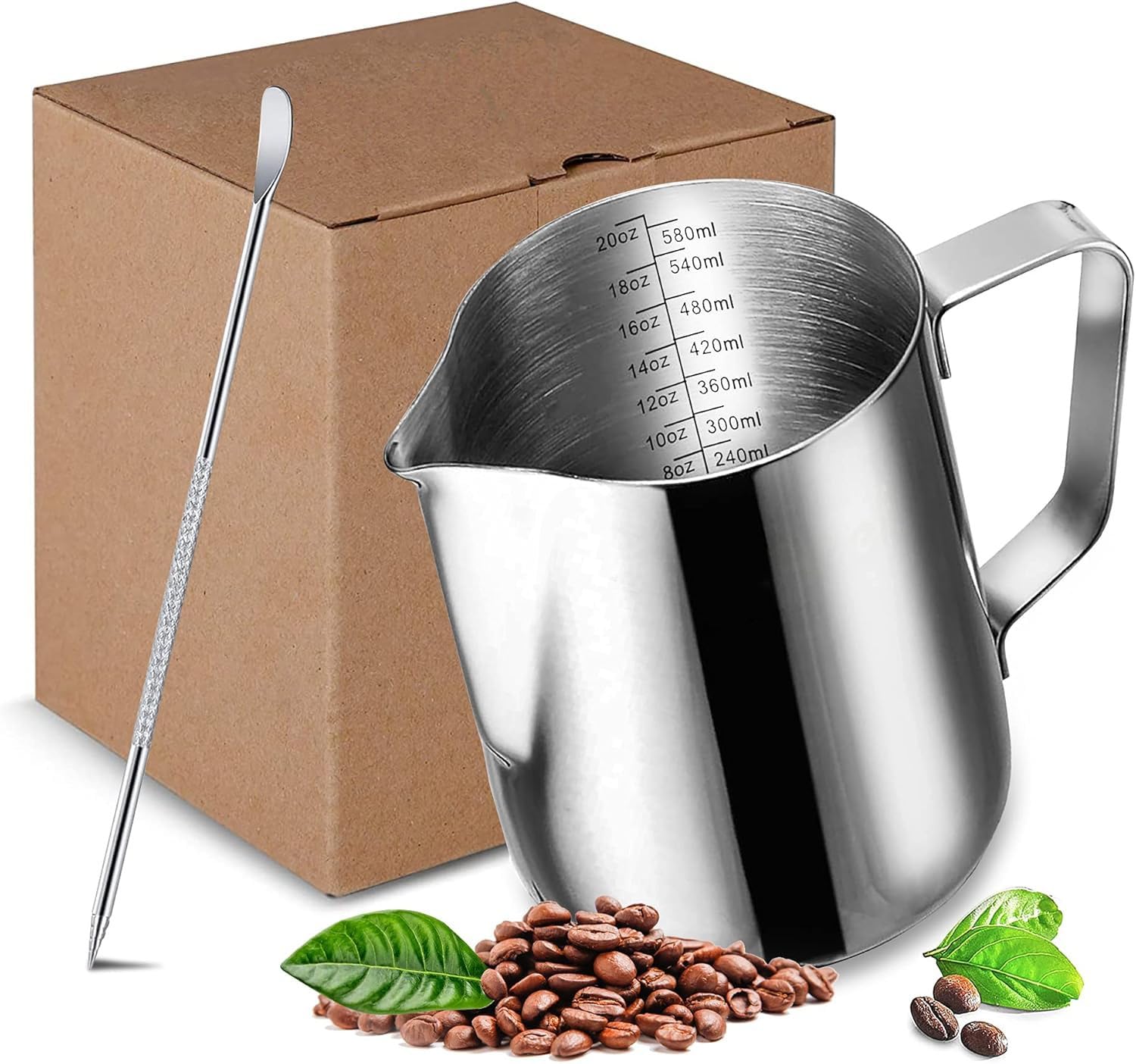Milk Frother Pitcher,304 Stainless Steel Milk Frothing Pitcher 20oz Milk Frothing Jug Espresso Steaming Pitcher Espresso Machine Accessories with Art Deco Pen for Cappuccino,Latte,Espresso
