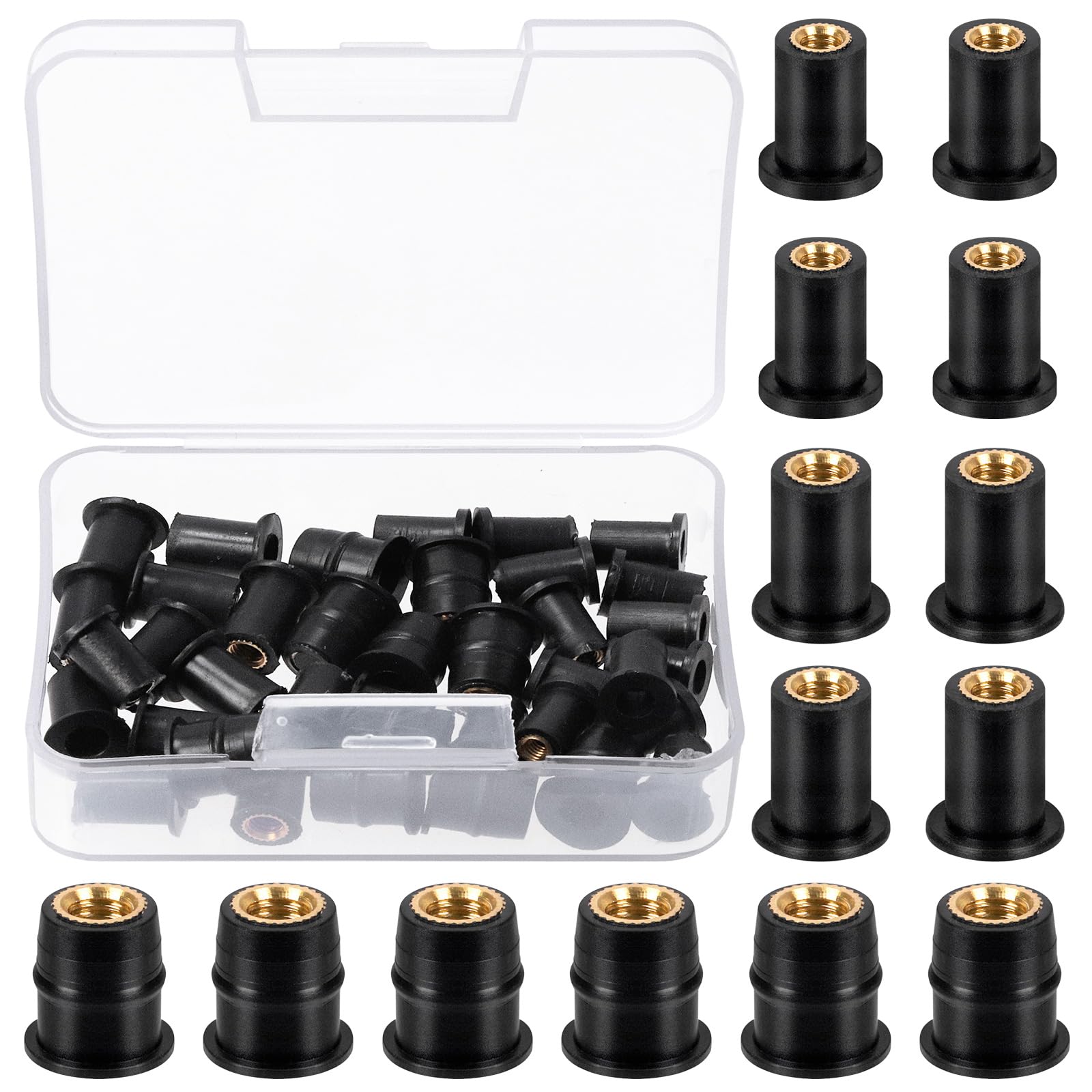 Swpeet 37Pcs M4 M5 M6 Black Rubber Well Nuts Kit, Windshield Fairing Fasteners, Universal Motorcycle Fasteners and Neoprene Expansion Brass Nuts for Canoe Boat Kayak