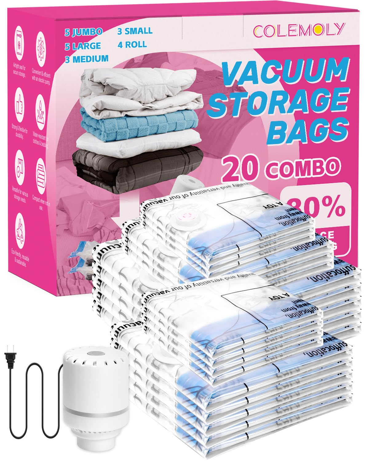 Photo 1 of Colemoly Vacuum Storage Bags with Electric Air Pump 20 Pcs Compression Space Saver Vacuum Seal Bags for Clothing, Blanket, Comforter, Travel, Moving (5 Jumbo/ 5 Large/ 3 Medium/ 3 Small/ 4 Roll Up)