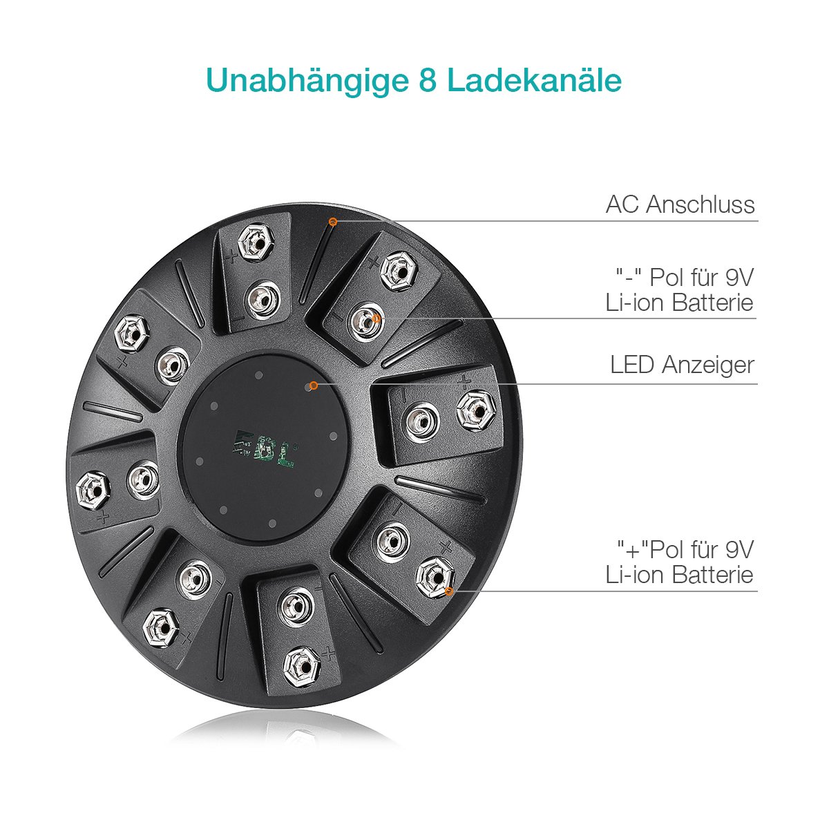 EBL 8 Stecker Akku Ladegerät für 9 V Block Li-ion Wiederaufladbare Akkus