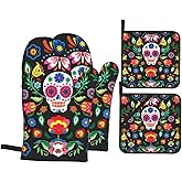 Mexican Skull Skeleton Floral Oven Mitts and Pot Holders Set of 4, Oven Mittens and Potholders Heat Resistant Gloves for Kitchen Cooking Baking Grilling BBQ