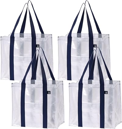 VENO 4 Pack Reusable Grocery Bags with Hard Bottom Beige Heavy Duty Tote