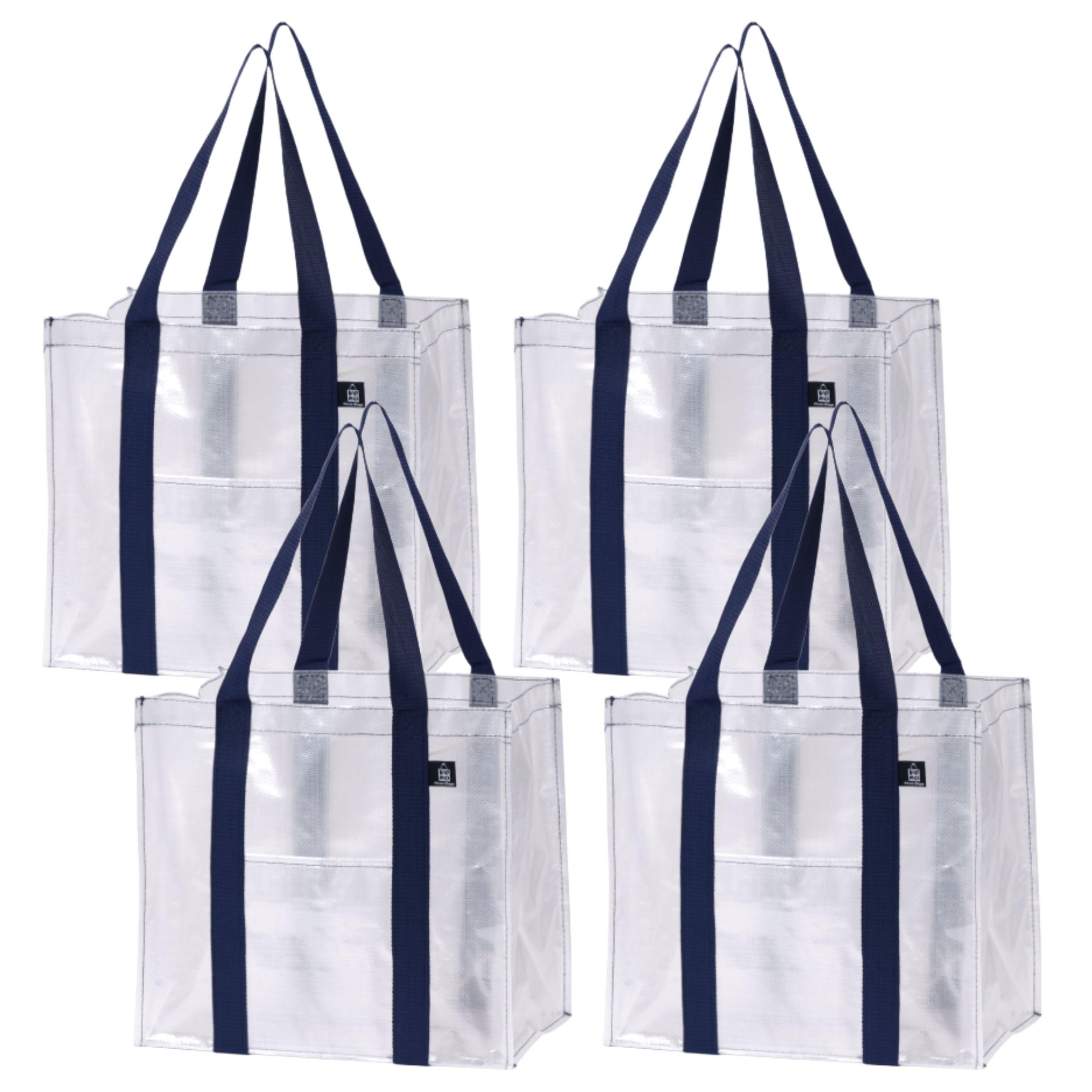 VENO 4 Pack Reusable Grocery Shopping Bag w/Hard Bottom for Trolley Cart, Heavy Duty Tote Bag for Life w/Front Pocket, Beach Bag, Multi-Purpose Water-Resistant(Clear, 4 Pack)