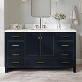 ARIEL Cambridge 60-inch Bathroom Vanity with Sink,Solid Wood, 1.5-inch Carrara White Quartz Countertop, Single Rectangular Porcelain Sink, 2 Soft Closing Doors, 9 Dovetail Drawers, Midnight Blue