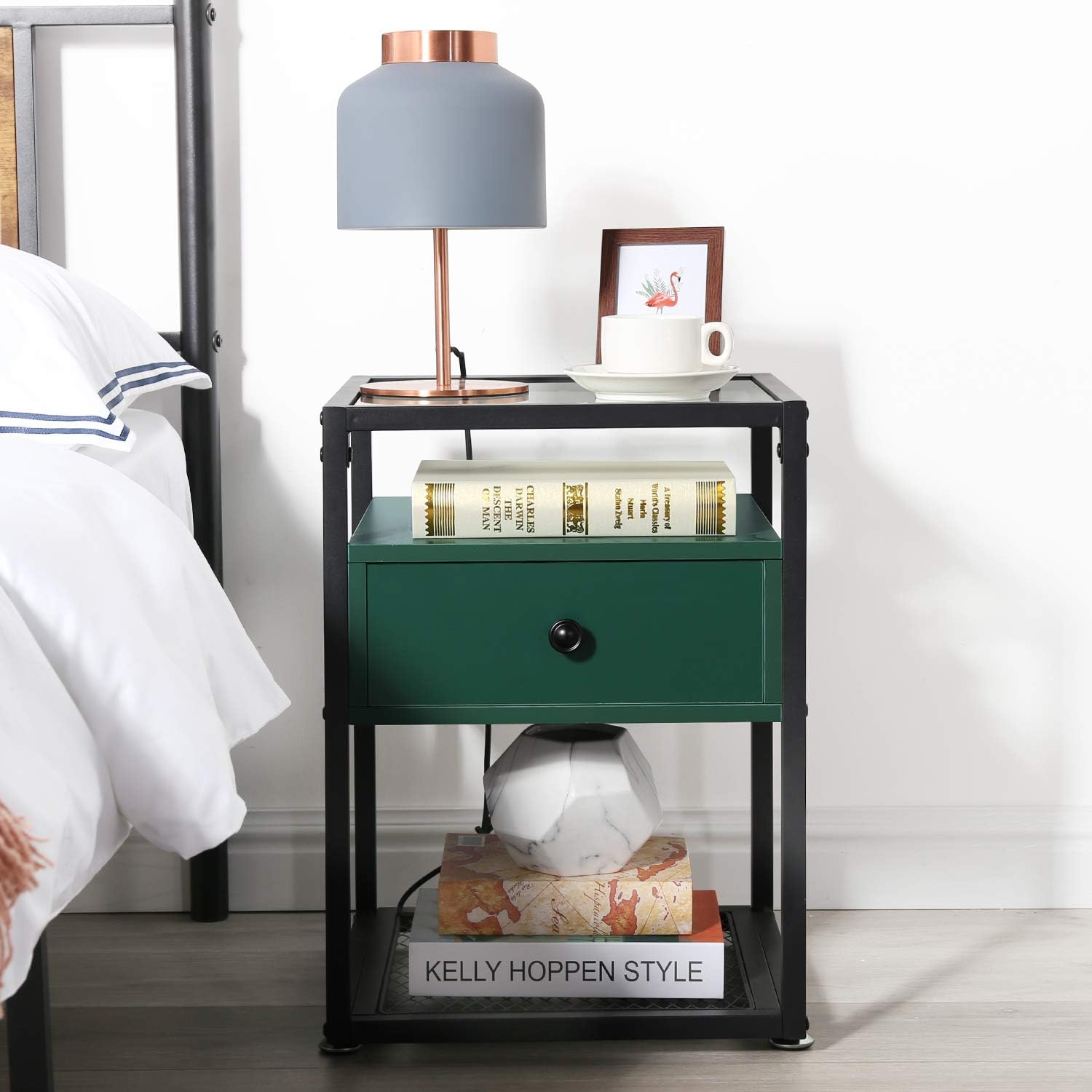 VECELO Nightstand, Tempered Glass End Table, Cabinet with Drawer and Rustic Shelf Decoration in Living Room,Bedroom,Lounge, Green: Home & Kitchen