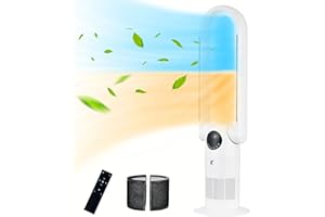 Ocean Loong 1500W Space Heater & 38.6” Bladeless Tower Fan for Home Bedroom, Eco Electric Heater with Adjustable Thermostat, Tip-Over Switch, Remote, Timer, Oscillating Floor Fan, AC68, (White)
