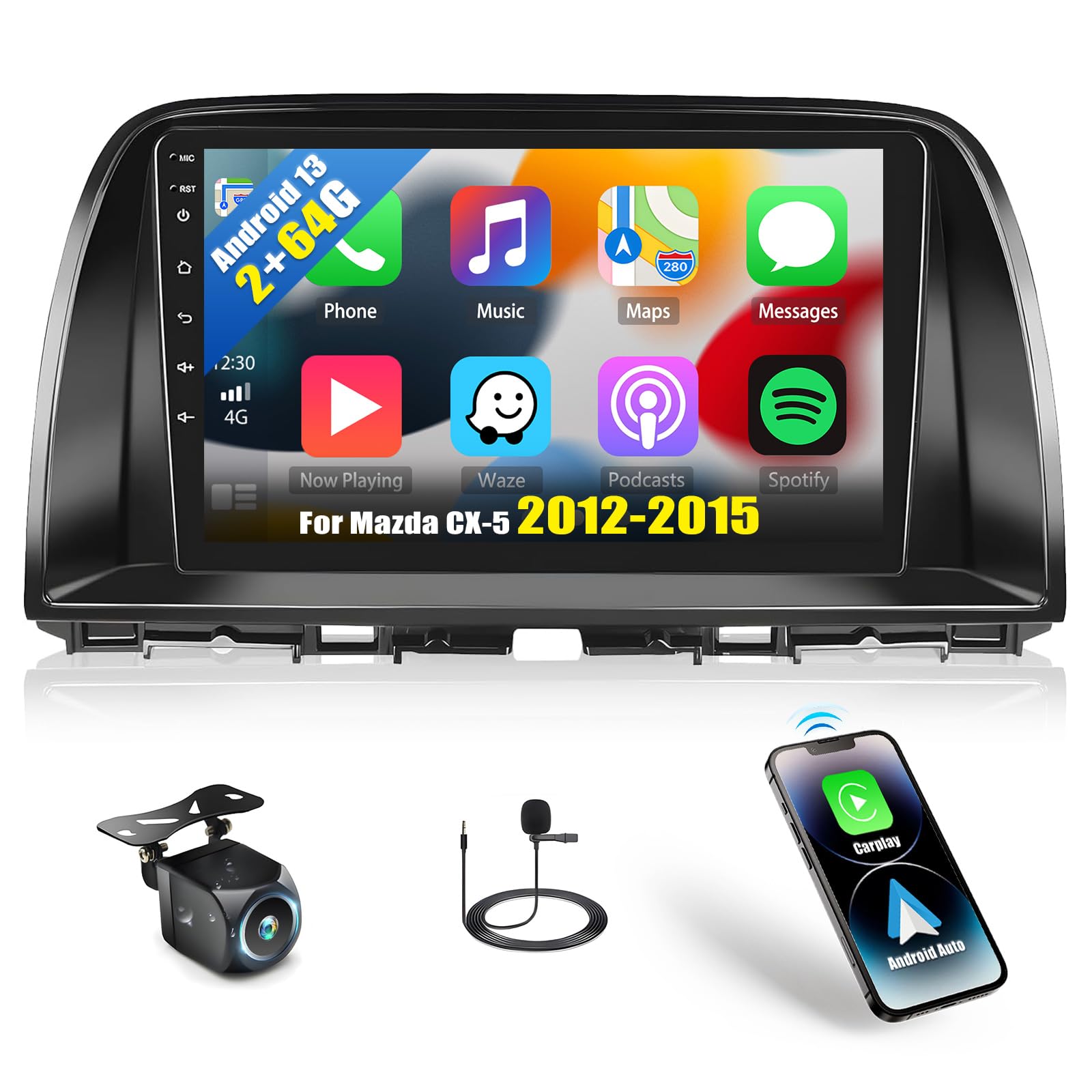 Photo 1 of 2G+64G Android 13 Car Stereo for Mazda CX-5 2012-2015 with Wireless Apple Carplay Android Auto,9" Touchscreen Car Radio with GPS Navigation,WiFi,Bluetooth,FM/RDS Radio,SWC,HiFi+AHD Backup Camera
