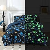 Aqzuxira Glow in The Dark Kids Comforter Set, 5 Pieces Blue Space Bedding Set Twin Size for Boys Girls Teen, 1 Comforter, 1 Pillowcase, 1 Pillow Sham, 1 Flat Sheet, 1 Fitted Sheet