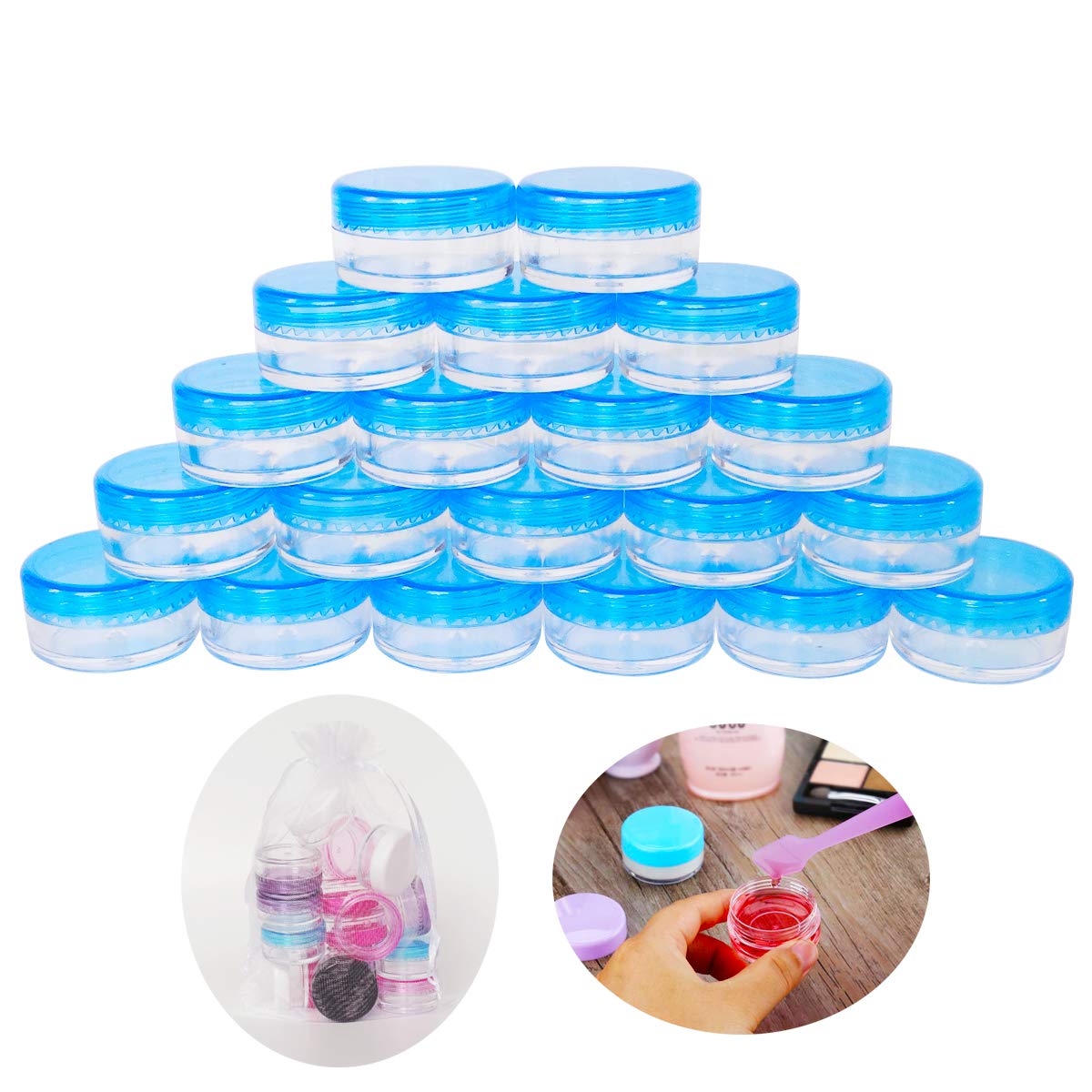 Wopanxye 20pcs 5ml BPA Free Small Jars, 5 Gram Cosmetic Sample Empty Plastic Container Pot with Blue Screw Cap Lid, for Makeup, Eye Shadow, Nails, Powder, Jewelry, Gems, Beads, 5g Small Travel Size