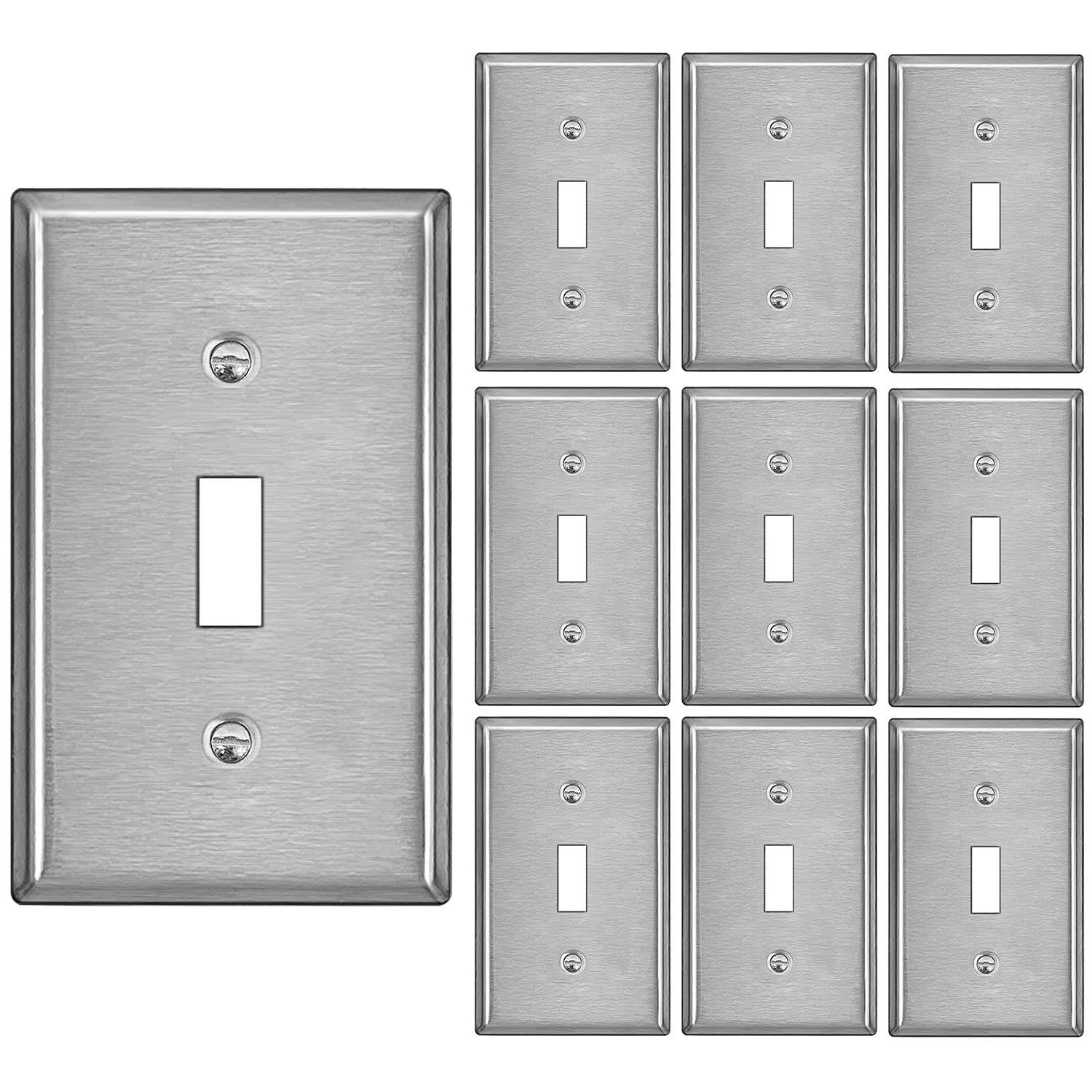 Photo 1 of BESTTEN Toggle Switch Metal Wall Plate, 1 Gang Stainless Steel Light Switch Cover, Standard Size, Durable Corrosion Resistant, Industrial Grade, Brushed Finish, 10 Pack, Silver