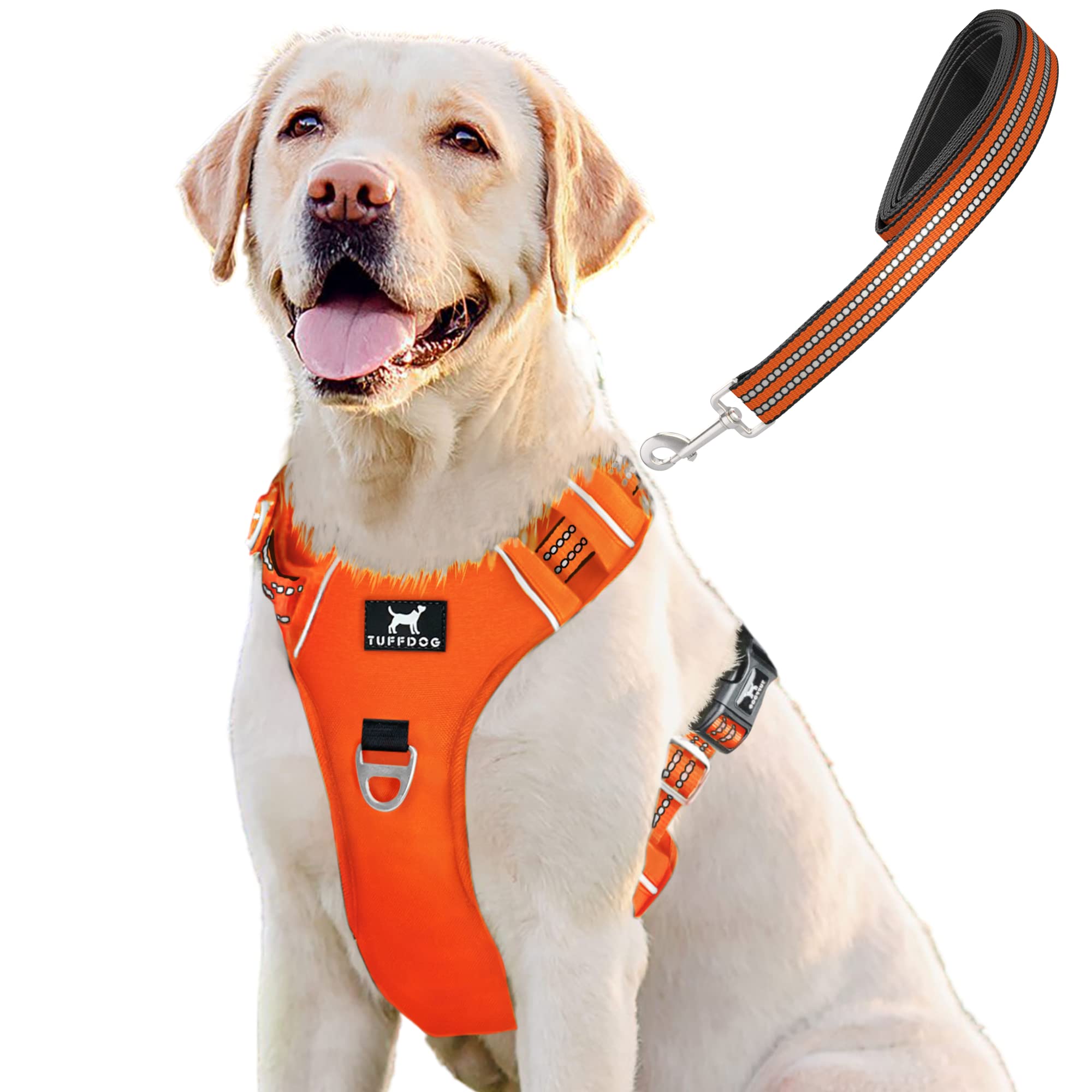 TUFFDOG Easy-Fit Dog Harness - Fast Release Neck Clip, Premium Padded Reflective No Pull Harness with Control Handle. Adjustable Step-in Dog Vest Plus Free Matching Lead (XL, Blaze Orange)