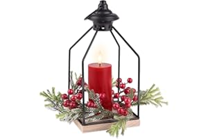 Rhytsing Christmas Table Centerpieces, H10 Inches Decorative Lantern with Real Wax Red LED Flameless Candle and Christmas Cedar Candle Ring, Battery Powered Metal Hanging Lanterns with Timer