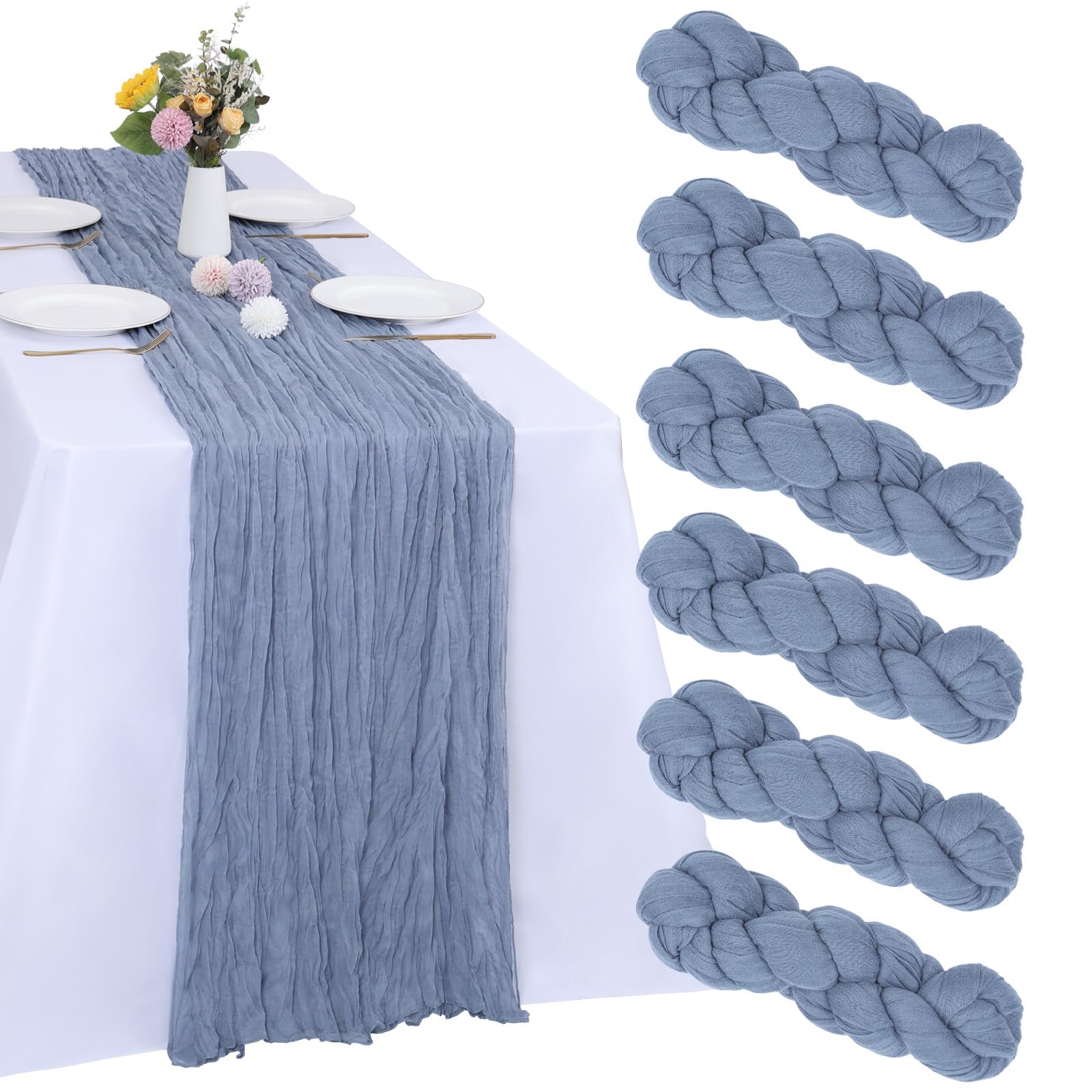 Photo 1 of RestfulGlow 6 Pack Dusty Blue Cheesecloth Table Runner 10FT Boho Gauze Fabric Table Runner 35 x 120 Inch Rustic Sheer Runner for Centerpiece Wedding Decor Baby Shower Party Boho Table Decoration