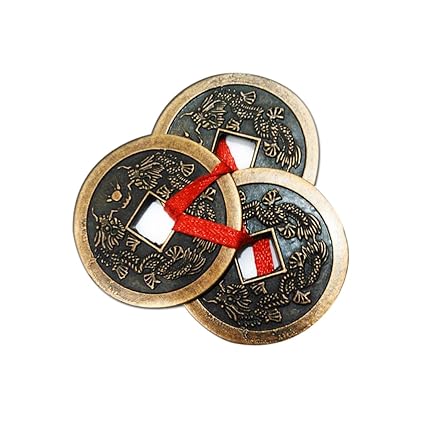 Divya Mantra Feng Shui Three Lucky Chinese 2 Coins with Red Ribbon for Money, Wealth Luck