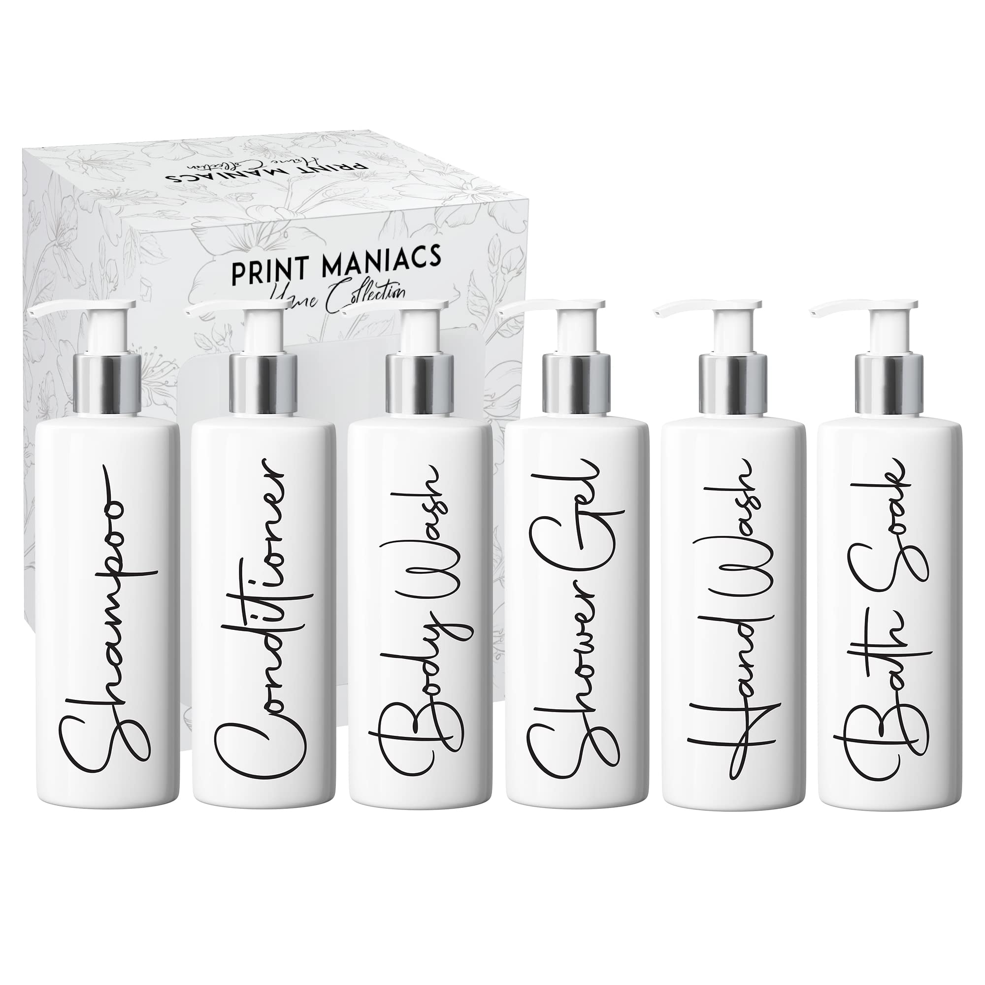 Print Maniacs Mrs Hinch Inspired White Personalised Dispenser Silver Pump Bottles Set 6 (BLACK, F2)