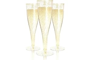 100 Plastic Champagne Flutes - Disposable Gold Glitter Plastic Champagne Glasses - Parties, Mimosa Bar, Events, Wedding, Show