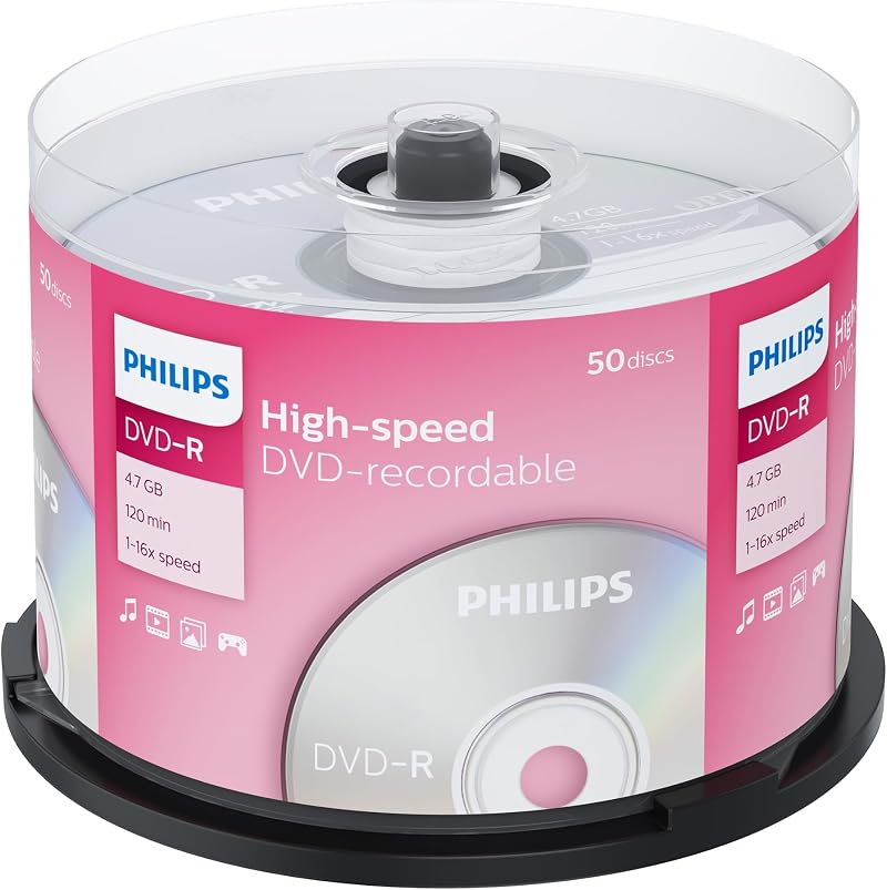 Philips 50 Pack DVD-R 16x Speed Blank Discs 4.7GB 120 Min Spindle