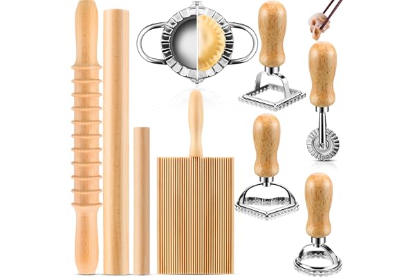 9 Pcs Pasta Making Tools Set Wood Gnocchi Board Wooden Rolling Pin Noodle Cutter Ravioli Stamp for Homemade Maker Kitchen Kit