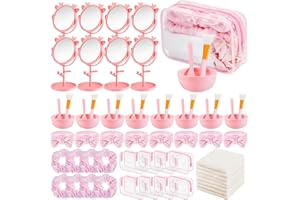 Shinylin 64pcs Spa Sleepover Party Supplies Bulk, Include Face Mask Mixing Bowl Set, Mirror, Headband, Scrunchies, Cosmetic Bags, Face Wash Cloths for Spa Birthday Party (Pink)
