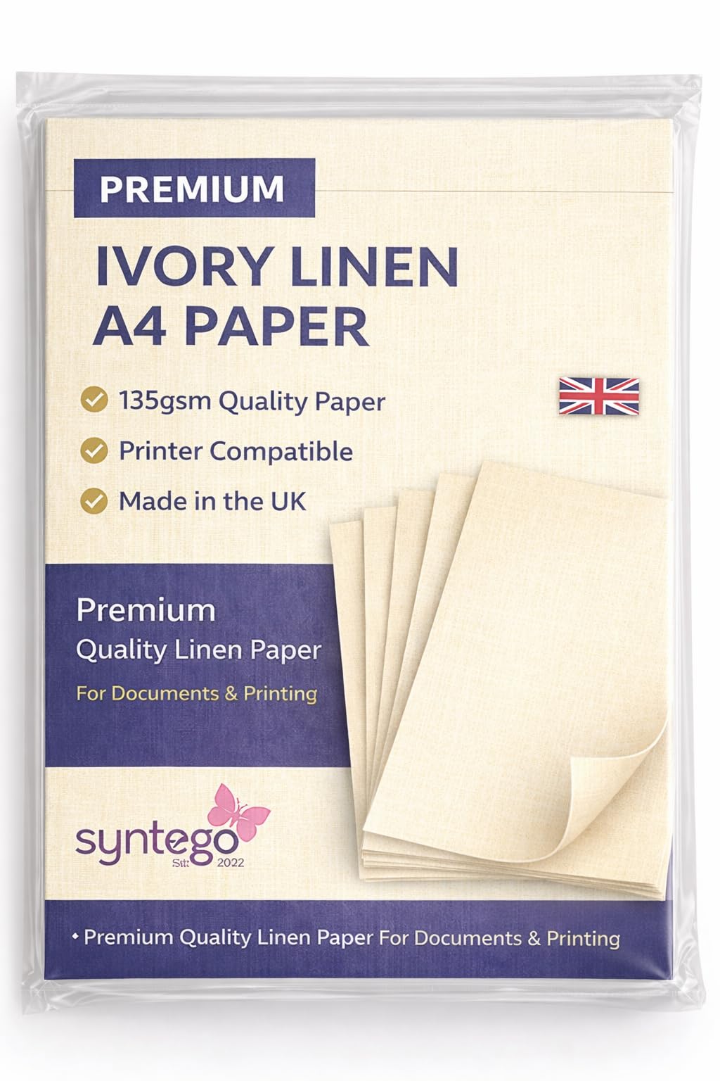 Syntego A4 Pale Linen Paper 135gsm – Recycled Silkweave Textured Printer Paper for Schools, Certificates, Invitations, Crafts & Restaurant Menus (50, Ivory)