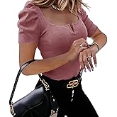 Valphsio Womens Puff Short Sleeve Top Square Neck Elegant Ribbed Knit T Shirt Summer Cute Slim Fit Tee Blouse