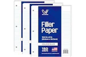 Woodlake Loose Leaf Paper, College Ruled Notebook Paper, 8 x 10.5”, 150 Sheets per Pack, 3 Pack Bulk Lined Filler Paper, 3 Hole Punched, 60gsm, Made in USA