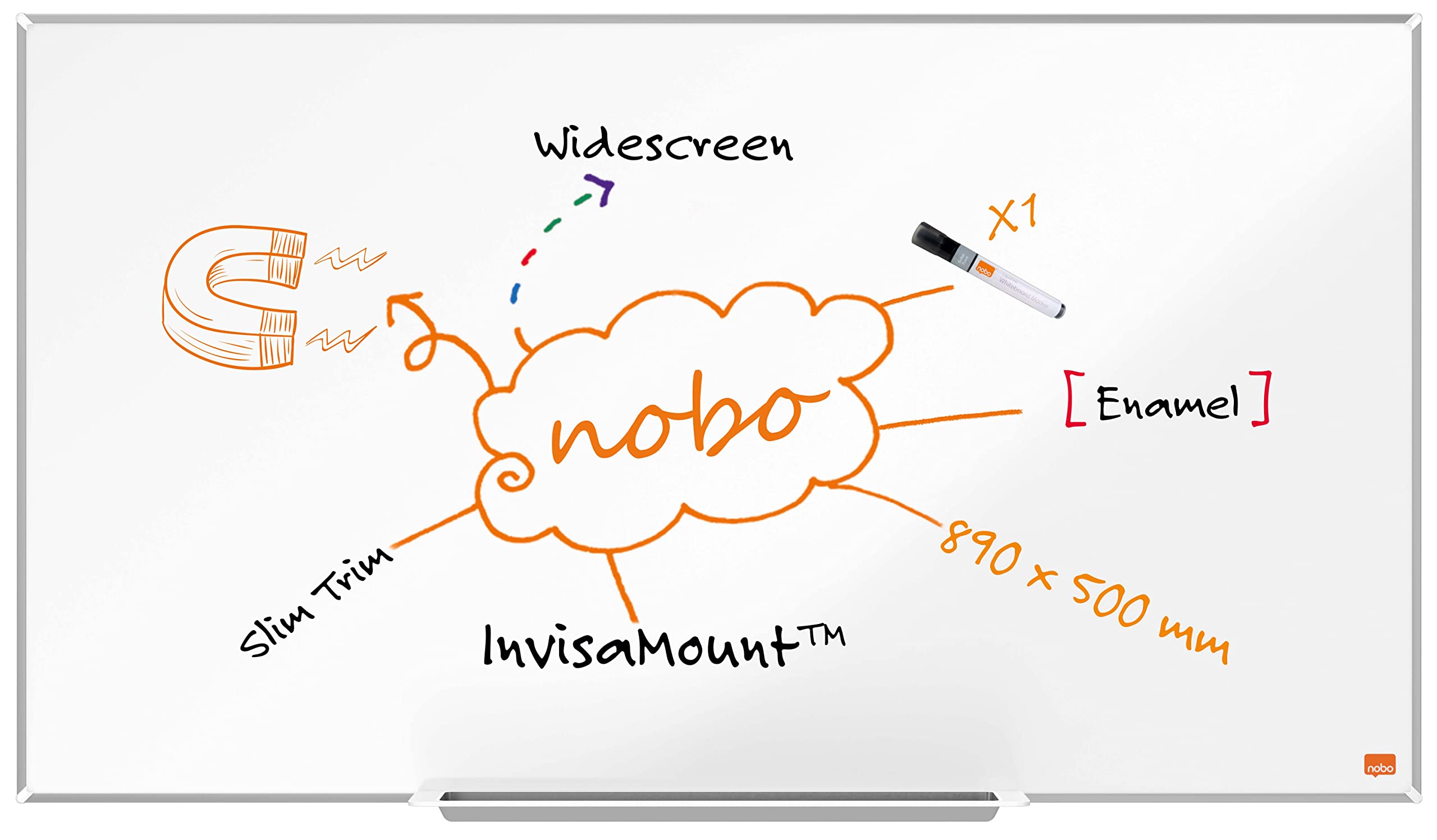 Nobo Widescreen Enamel Magnetic Whiteboard With Pen Tray, 890 x 500mm, Slim Trim Frame, InvisaMount Mounting System, Impression Pro, 89 x 50cm, White, 1915249