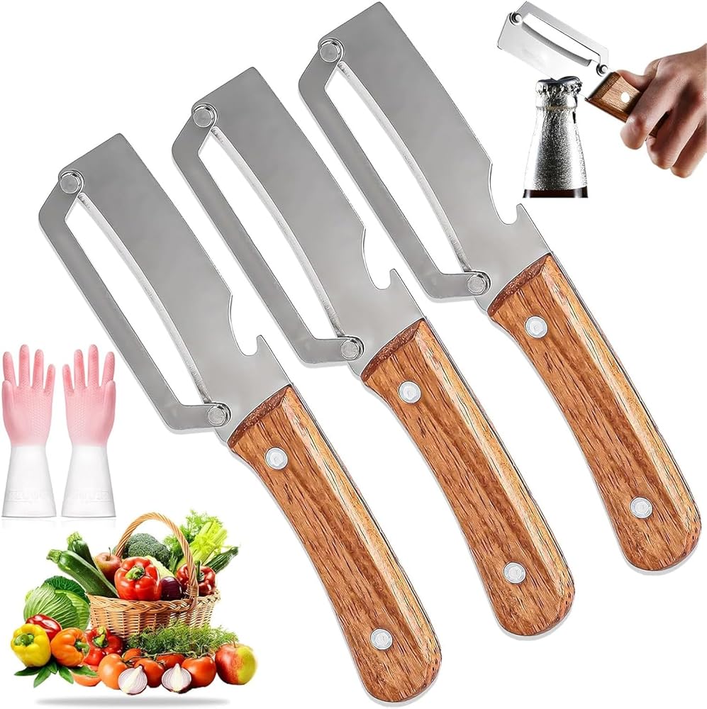 3PCS Zero Snag Wooden Peeler, Zero Snag Wooden Kitchen Tool, Peeler with Bottle Opener, 2-in-1 Multi-Functional Vegetable Pee