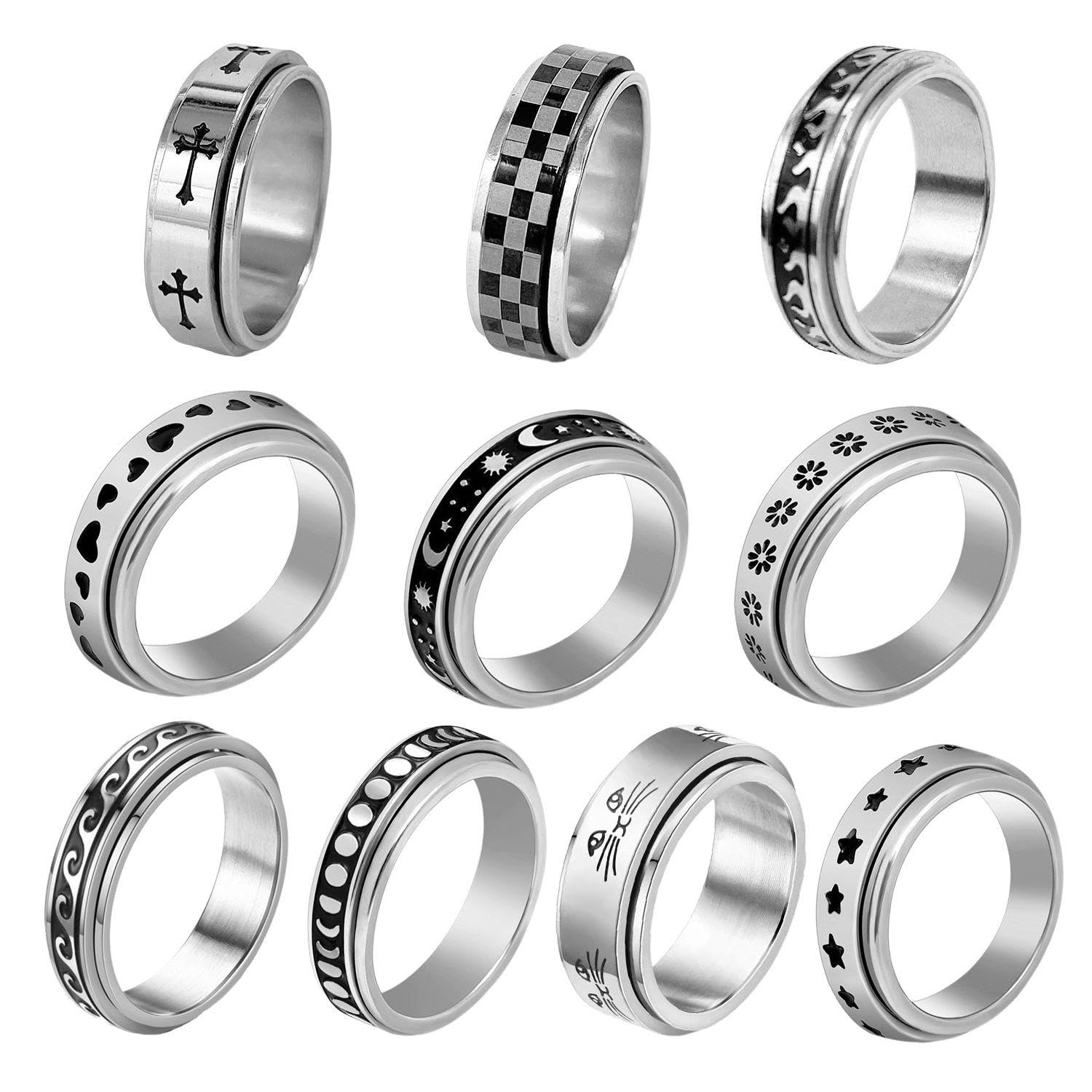 VEHYEGOI 10 Pieces Spin Twist Stress Relief Stainless Steel Ring Rings, Fidget Rings, Women's Twist Rings, Silver Ring Set, Fidget Rings for Anxiety