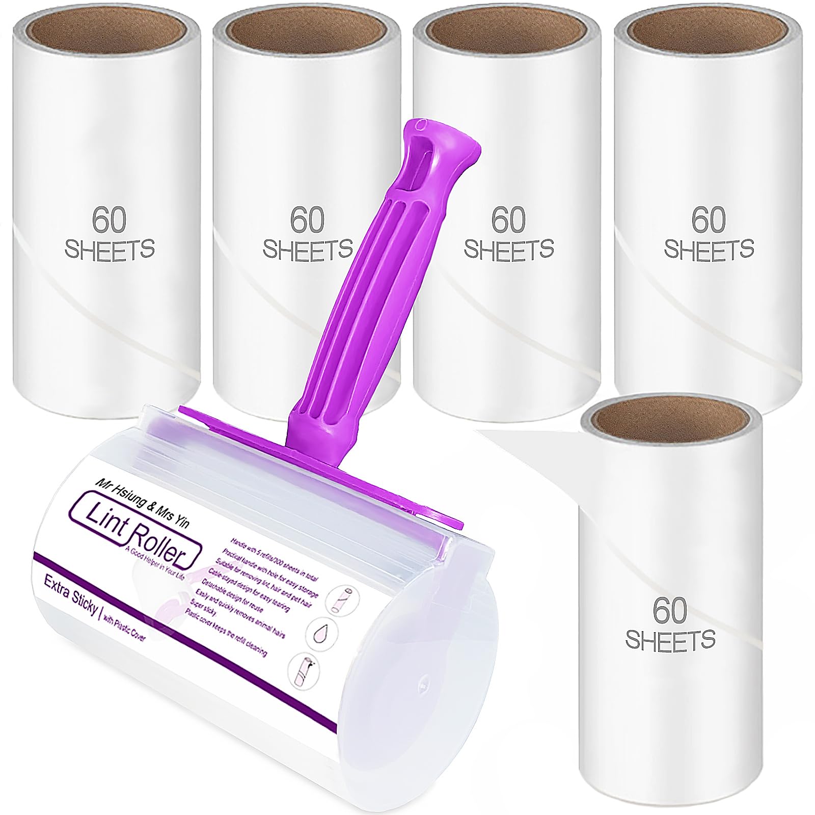 Mr Hsiung & Mrs Yin Lint Rollers for Pet Hair, Clothes Roller, Lint Roller for Clothes, Extra Sticky Lint Remover Brush, Pet Hair Remover, 1 Roller + 5 Refills, 300 Sheets Total