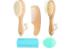POPYJAN Goat Baby Hair Brush Set, Wooden Comb Massage Scalp Comb, Safe Natural Hair Care Kit, Soft Silicone Bath Brush for Newborns Toddlers (Brush Set+ Green Massager)